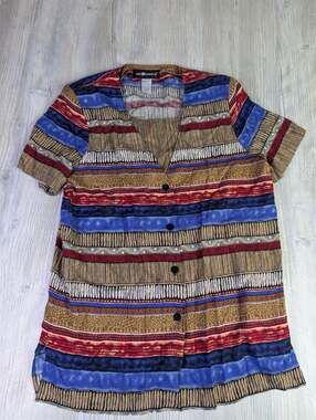 Sag Harbor Women's Multi-Colored Patterned Short Sleeve Button-Down Blouse